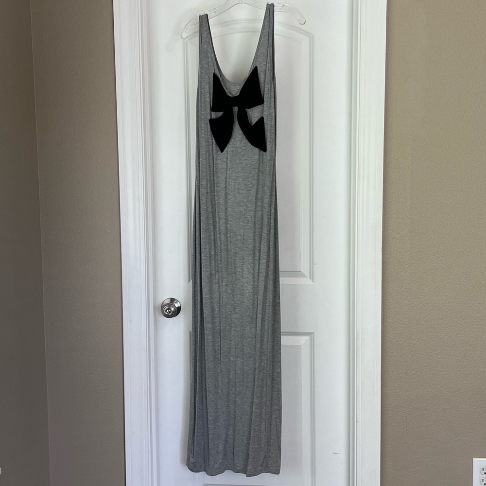 Papaya gray maxi dress with a black bow.